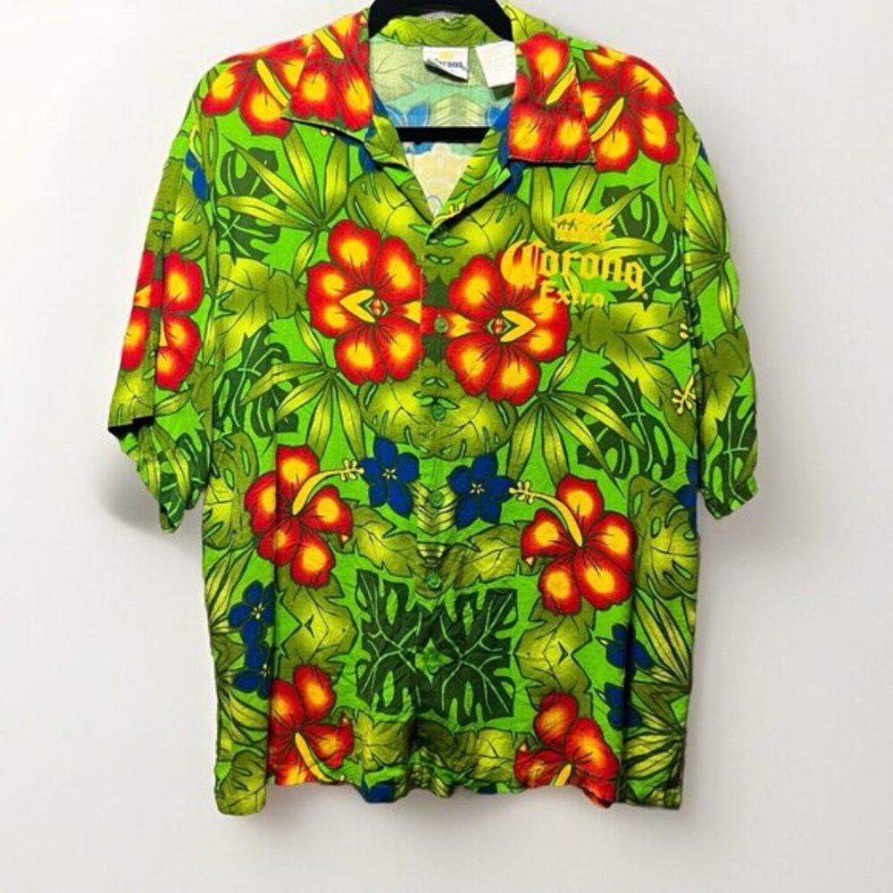 Corona Extra Hawaiian Shirt L Green Tropical Beer‎ Parrot Floral Short Sleeve